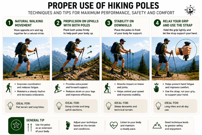 Proper trekking pole technique during hiking for improved balance and walking efficiency