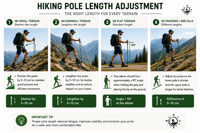 Guide showing proper hiking pole length adjustment for uphill, downhill and sloped terrain