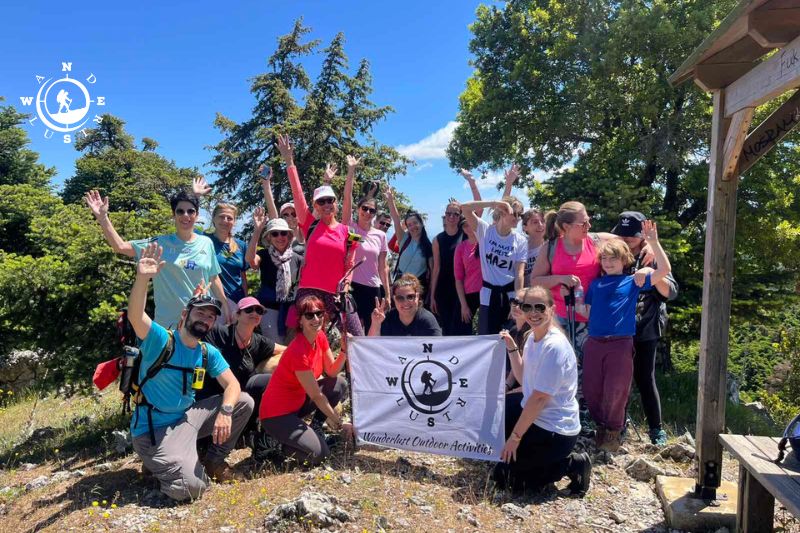 Group of participants during hiking and yoga activity in Parnitha