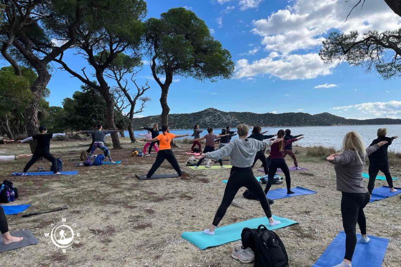 Ομάδα κάνει όρθιες στάσεις yoga πάνω σε στρωματάκια, ανάμεσα στα πεύκα και τη θάλασσα στον Σχινιά