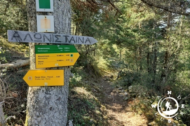 Ξύλινες πινακίδες κατεύθυνσης προς Αλωνίσταινα σε δασικό μονοπάτι του Μαινάλου στην Αρκαδία