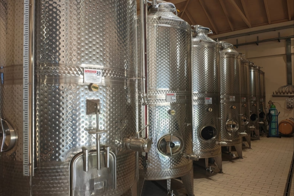 Stainless steel fermentation tanks at Troupis Winery in Mantinia