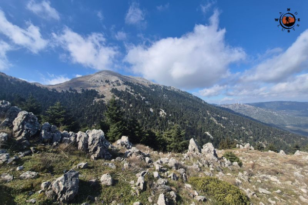 Πανοραμική θέα της διαδρομής στον Ελικώνα με κορυφογραμμή και ανοιξιάτικο ορεινό τοπίο